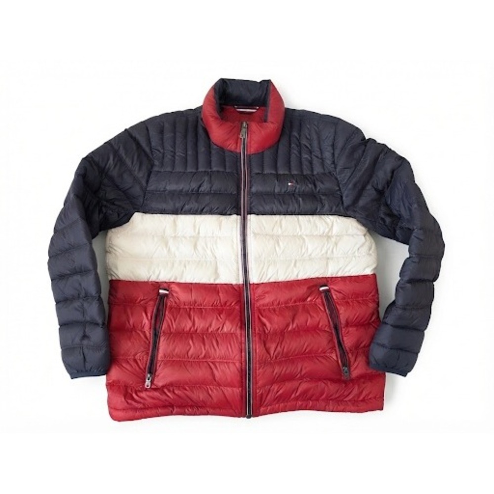 Tommy Hilfiger Mens Puffer Jacket Colorblock Navy White Red Quilted Full Zip XL